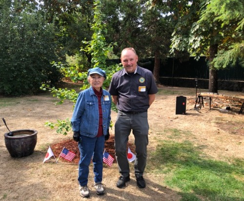 A women and man stand in front of the Ginkgo tree with a basin of water and Japanese and American flags in the background